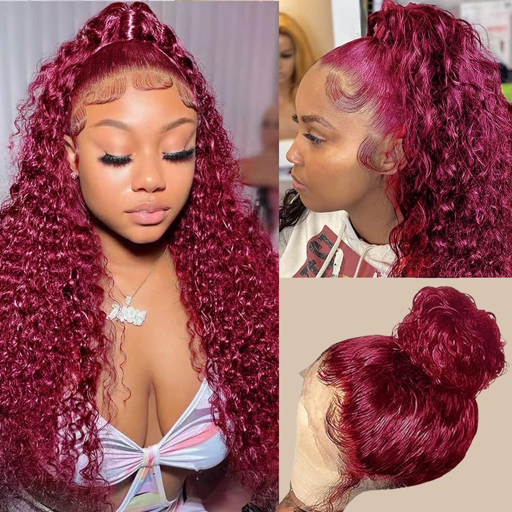 250% Density Deep Wave Lace Front Wigs Human Hair 360 Full Lace Deep Curly Wave Human Hair Glueless Wigs Human Hair Pre Plucked with Baby Hair 360 99J Burgundy Wet and Wavy Human Hair Wig