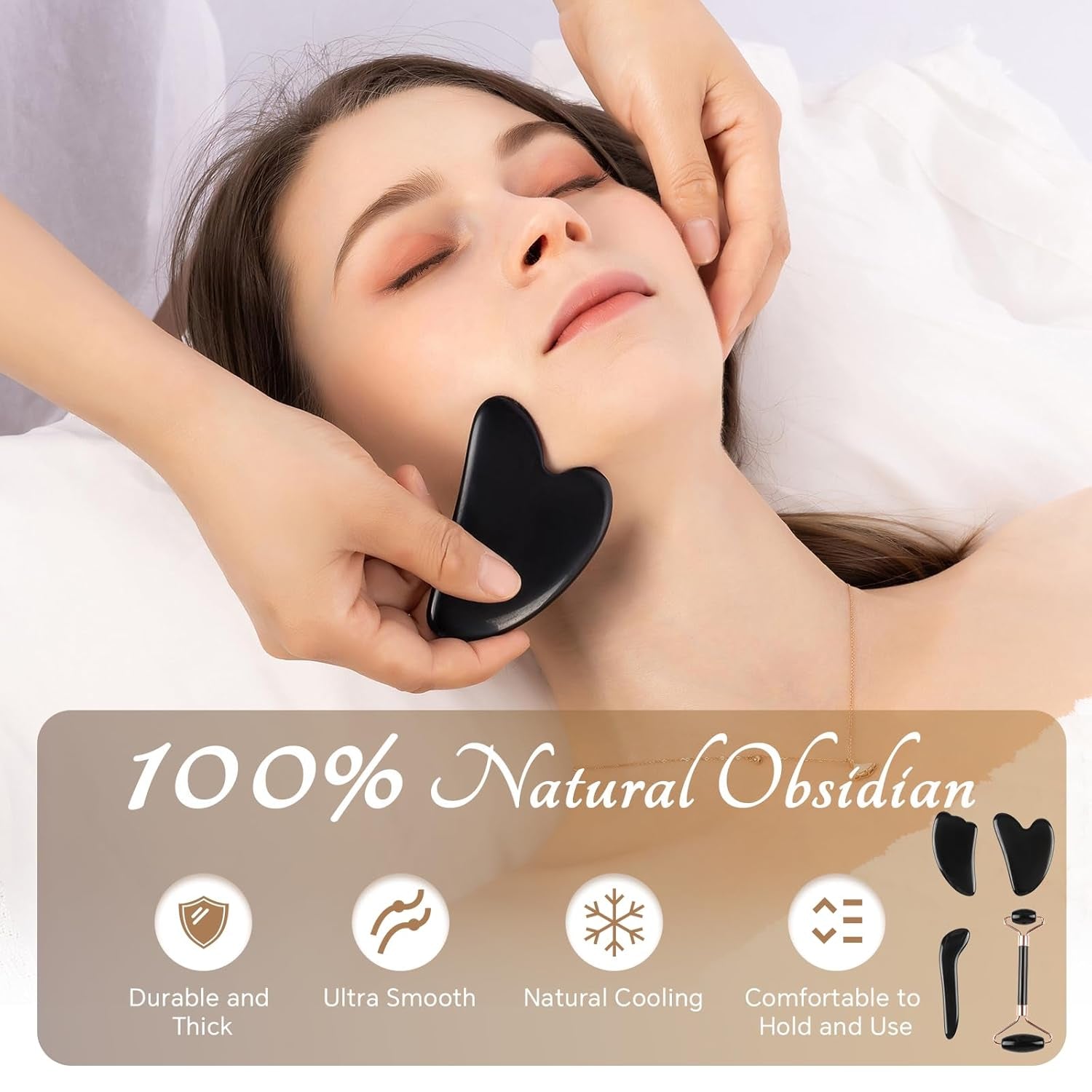 Natural Jade & Obsidian Gua Sha Set of 4 - Premium Face Sculpting Tools with Jade Roller for Jawline Definition, Double Chin Reduction & Lymphatic Drainage - Women'S Anti-Aging Skincare Kit