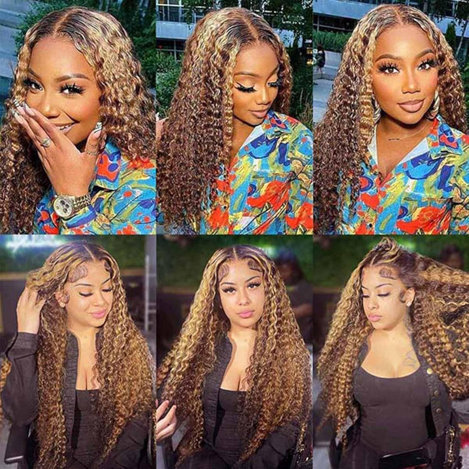 18Inch Ombre Highlight Lace Front Human Hair Wigs Brazilian Water Wave 13X4 Lace Front Curly Human Hair Wig Pre Plucked with Baby Hair Curly Wig for Women 150% Density 4/27 Honey Blonde Color