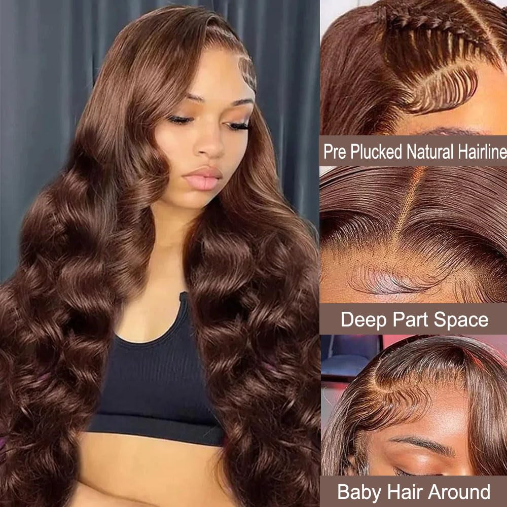 Brown Wig Human Hair 13X4 Body Wave Chocolate Brown Lace Front Wig Human Hair Pre Plucked with Baby Hair Frontal Wigs Human Hair 200% Density Chestnut Brown Wig Colored Wigs Human Hair 24 Inch