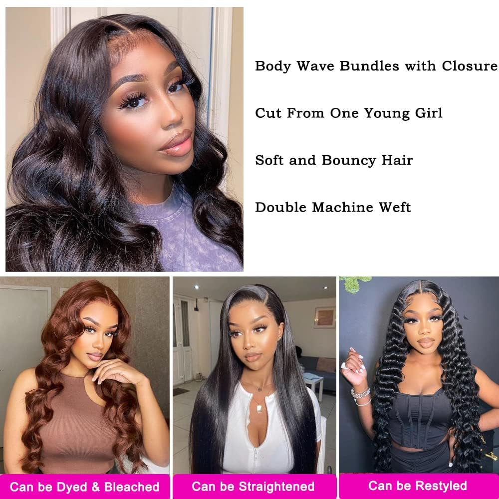 Body Wave Bundles Human Hair Brazilian Hair Bundles Real Human Hair Bundles Body Wave Virgin Human Hair Bundles Black Bundles Human Hair Curly Bundles Human Hair Weave Bundles (18 20 22In)