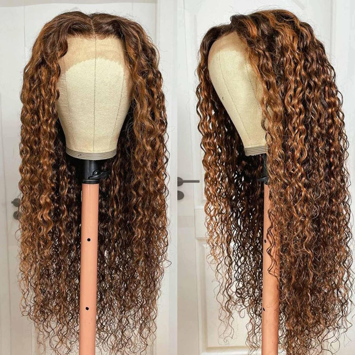 18Inch Ombre Highlight Lace Front Human Hair Wigs Brazilian Water Wave 13X4 Lace Front Curly Human Hair Wig Pre Plucked with Baby Hair Curly Wig for Women 150% Density 4/27 Honey Blonde Color