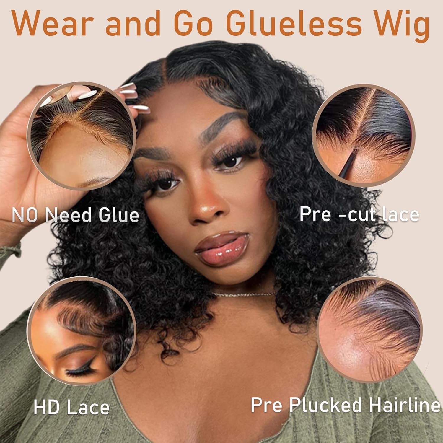 Wear and Go Glueless Bob Wigs Human Hair Pre Plucked Pre Cut Water Wave Curly Bob Wig Human Hair Glueless Short 4×4 Lace Front Wigs Human Hair for Black Woman Natural Black 14Inch 180% Density