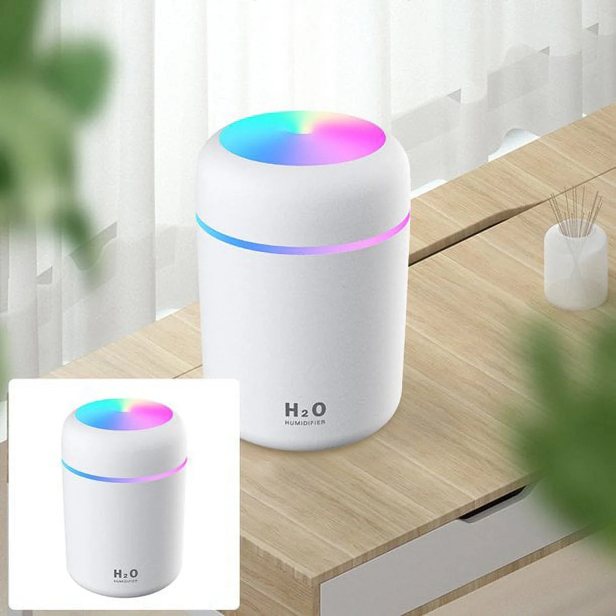 Portable Mini Humidifier,  RGB Light Small Humidifiers for Bedroom, Car, Desktop, 2 Cool Mist Modes, Quiet(300Ml, White)