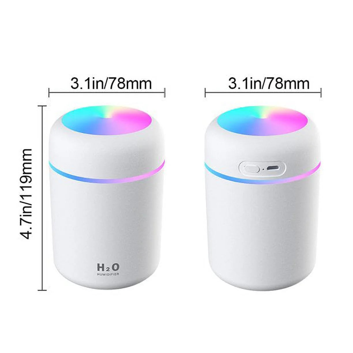 Portable Mini Humidifier,  RGB Light Small Humidifiers for Bedroom, Car, Desktop, 2 Cool Mist Modes, Quiet(300Ml, White)