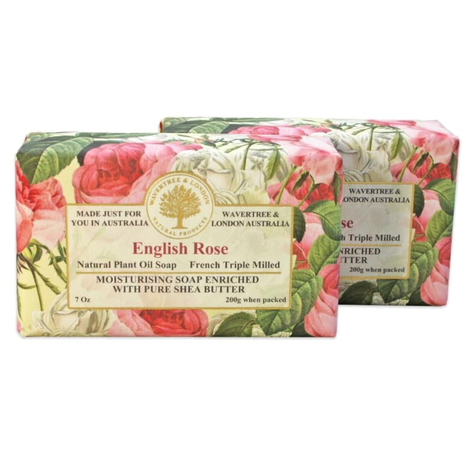 English Rose Scented Natural Soap (2 Bars), 7Oz Moisturizing French Triple Milled Soap Bars Enriched with Shea Butter - Pure Plant Oil Bath & Body Soap for All Skin Types