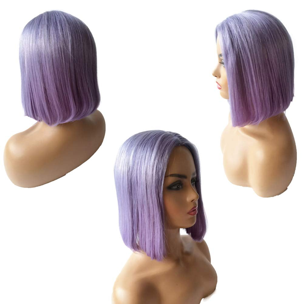 Colored Human Hair Wigs Lilac Blunt Cut Bob Wigs Natural Wigs for Black Women Non Lace Front Wigs Middle Part Wigs Brazilian Remy Hair Machine Made Wigs Long Bob Style Wigs(10 Inch,180% Density)