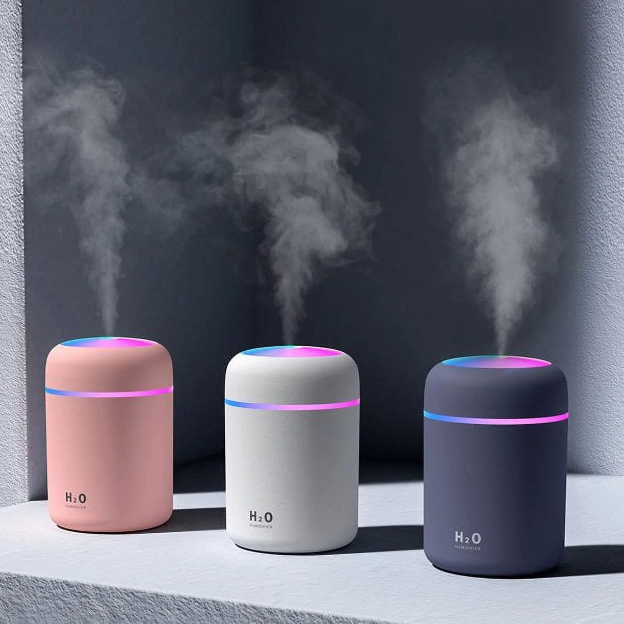 Portable Mini Humidifier,  RGB Light Small Humidifiers for Bedroom, Car, Desktop, 2 Cool Mist Modes, Quiet(300Ml, White)