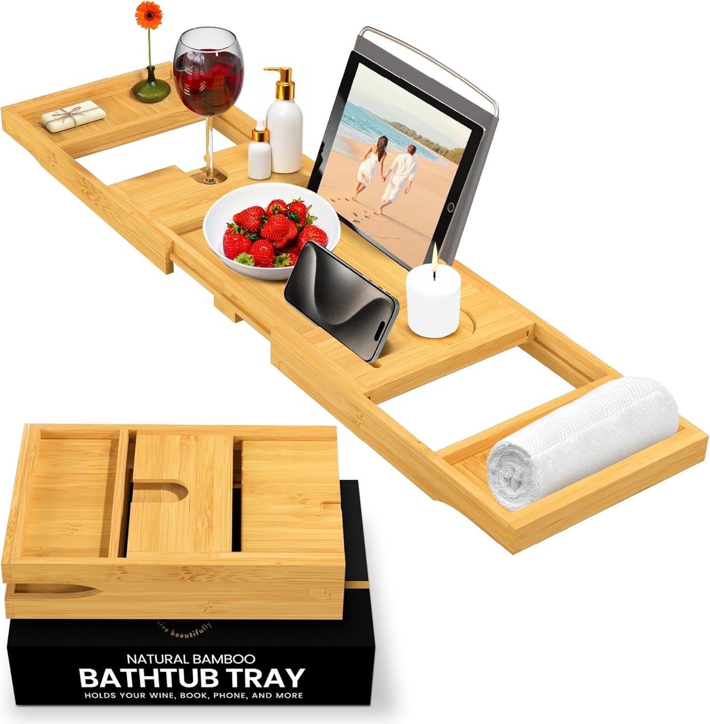 Bathtub Tray Caddy - Premium Bamboo Expandable Bath Tub Tray Table, Luxurious Wooden Bath Caddy for Books, Tablets, Wine, Bathroom Accessories, Spa Essentials, Housewarming, Wedding