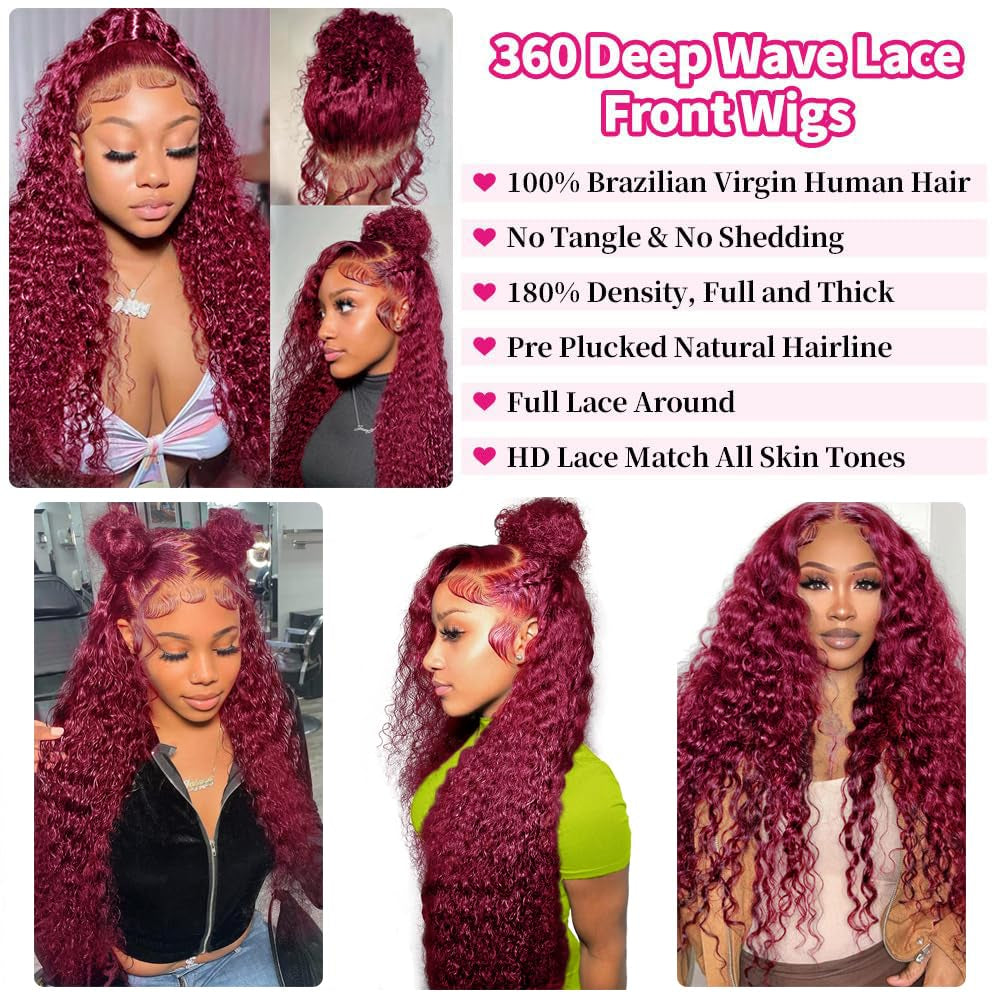 250% Density Deep Wave Lace Front Wigs Human Hair 360 Full Lace Deep Curly Wave Human Hair Glueless Wigs Human Hair Pre Plucked with Baby Hair 360 99J Burgundy Wet and Wavy Human Hair Wig