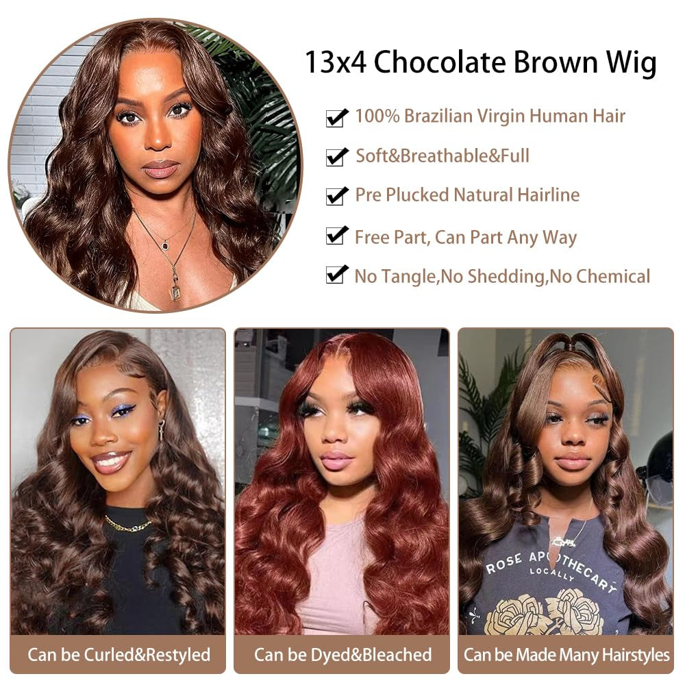 Brown Wig Human Hair 13X4 Body Wave Chocolate Brown Lace Front Wig Human Hair Pre Plucked with Baby Hair Frontal Wigs Human Hair 200% Density Chestnut Brown Wig Colored Wigs Human Hair 24 Inch