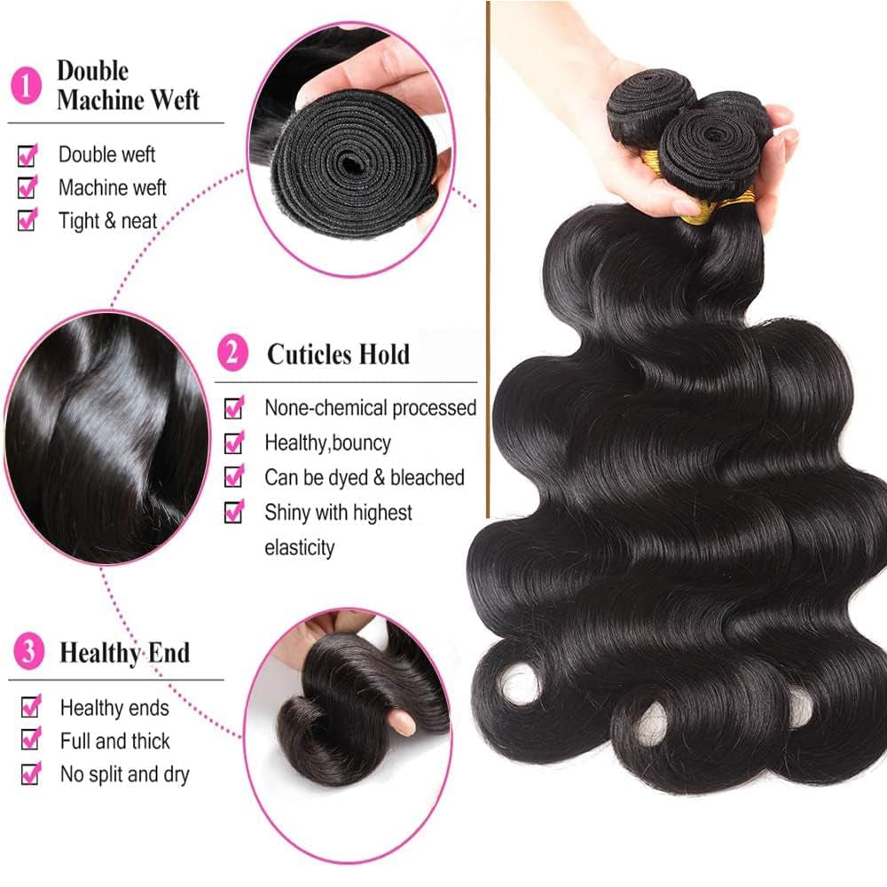 Body Wave Bundles Human Hair Brazilian Hair Bundles Real Human Hair Bundles Body Wave Virgin Human Hair Bundles Black Bundles Human Hair Curly Bundles Human Hair Weave Bundles (18 20 22In)