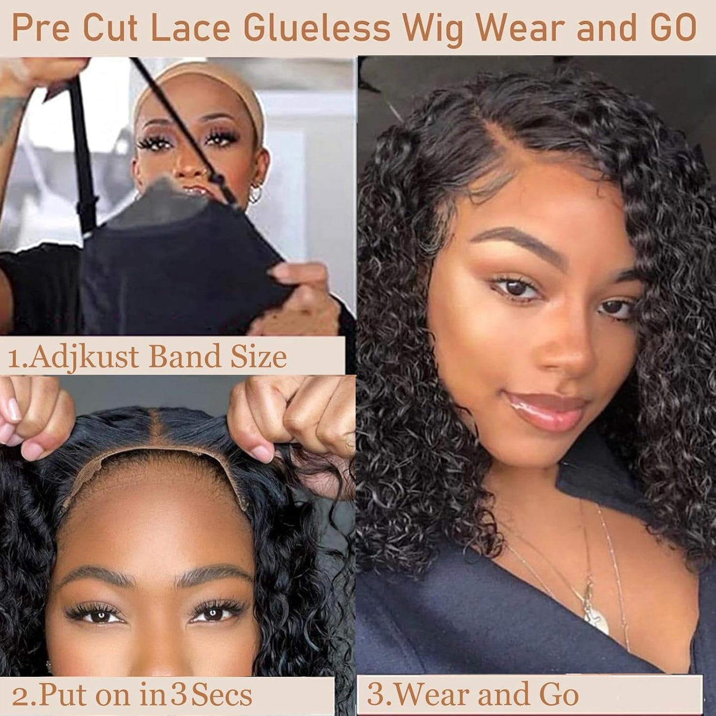 Wear and Go Glueless Bob Wigs Human Hair Pre Plucked Pre Cut Water Wave Curly Bob Wig Human Hair Glueless Short 4×4 Lace Front Wigs Human Hair for Black Woman Natural Black 14Inch 180% Density